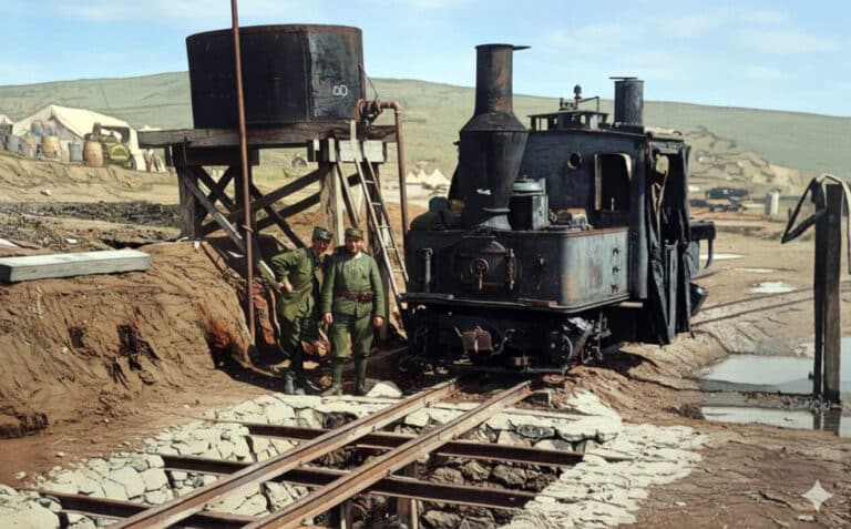 Old steam locomotive on tracks with three workers in green uniforms beside a water tower and desert camp in the background.
