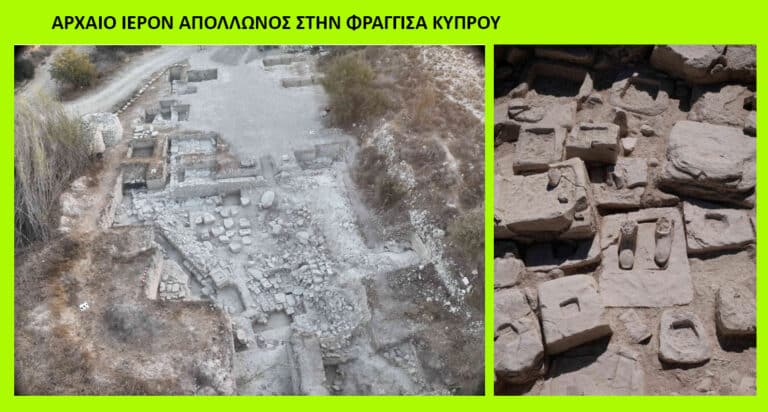 Aerial view of the ancient Apollo temple ruins in Frangki, Cyprus, showing stone walls, foundations, and many scattered blocks; right panel shows a close-up of rectangular limestone blocks with hollowed indentations.