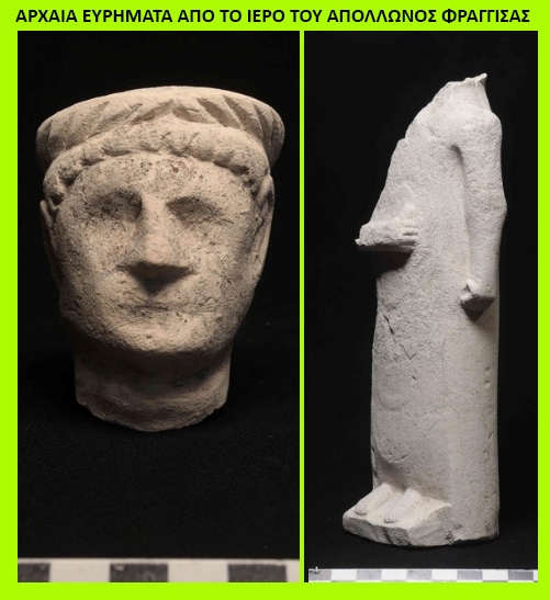 Two ancient sculptural fragments from the Apollo temple: on the left, a weathered stone head wearing a cap; on the right, a standing torso fragment with a bent arm and base. Displayed against a black background with a measurement scale.