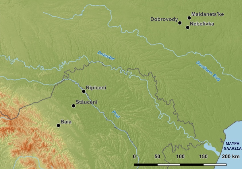Map of a river valley with towns Ripiceni, Stăuceni, Baia and nearby villages Maidanets'ke and Nebelivka; shows the Prut and Dniester rivers.