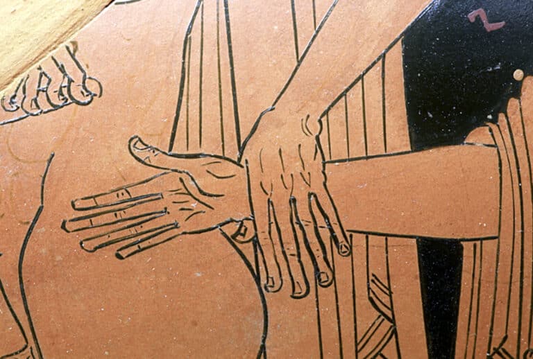 Line drawing of two hands resting on a rounded buttock in a cartoon mural.