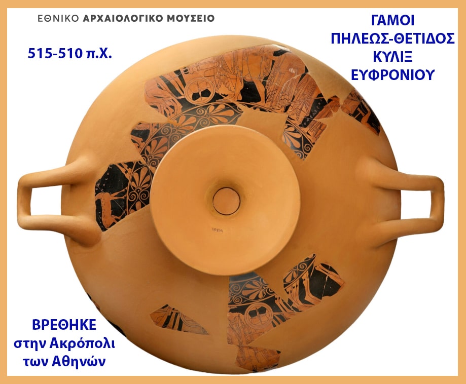 Top-down view of an orange Attic kylix with black geometric patterns; museum poster text notes 515–510 BCE and a find on the Athens Acropolis.