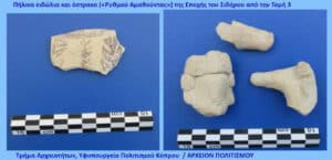 Iron Age clay figurines and a shell from Tomb 3 (Cyprus). Left: a broken clay shard with painted decorative pattern. Right: three small clay figures with a scale bar for size reference.