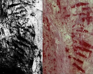 Split image showing a grayscale rocky texture on the left and a red-veined rock on the right, separated by a thin divider.