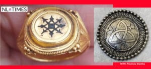 Two rings: a gold signet with a black six-pointed star motif on the left and a silver round pendant with a woven knot design on the right.