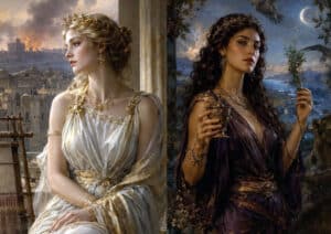 Two regal women in classical robes stand on a stone balcony; the left wearer is a blonde in white and gold, the right is a brunette in purple holding a goblet and a sprig, with a moonlit city in the background.