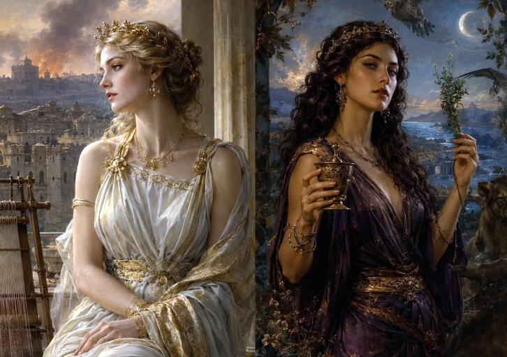 Two regal women in classical robes stand on a stone balcony; the left wearer is a blonde in white and gold, the right is a brunette in purple holding a goblet and a sprig, with a moonlit city in the background.
