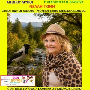 Smiling woman in leopard-print scarf and straw hat beside a crow by a rocky stream in a forest, with bold Greek headlines above and below on a yellow poster border.