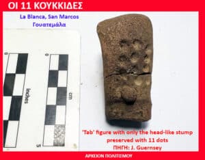 Brown clay 'Tab' figurine fragment with a head-like stump and 11 dot impressions, shown beside a measurement scale (inches and cm).