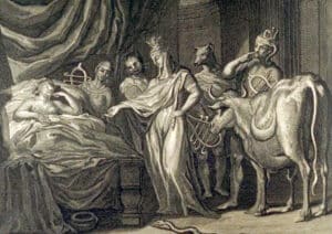 A classical scene of a person lying ill in bed, surrounded by robed attendants and mythic figures in a dimly lit chamber, with a horse on the right.