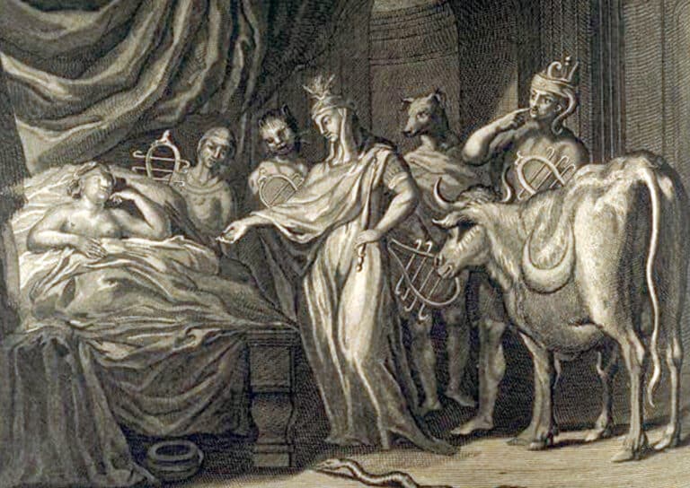 A classical scene of a person lying ill in bed, surrounded by robed attendants and mythic figures in a dimly lit chamber, with a horse on the right.