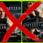 Two 'Odyssey' movie posters side by side with a bold red X across them on a lime background.