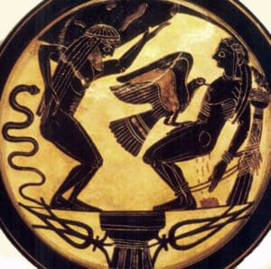 Ancient Greek black-figure vase scene: two nude men wrestling over a bird perched on a pedestal.