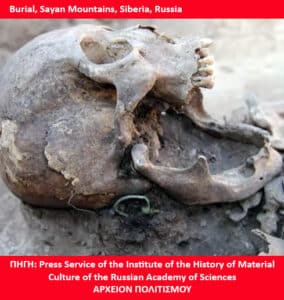 Close-up of a weathered animal skull partially buried in dirt, suggesting an ancient burial site in Siberia (Sayan Mountains).