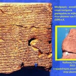 Αρχαία πήλινα tablets με χαραγμένα εγραφά είτε κείμενα, συνοδευόμενα από επιμέρους φωτογραφία κόκκινου λίθου — ελληνικοί υπότιτλοι για τον Κώδικα Ουρ-Ναμου (2112 π.Χ.).