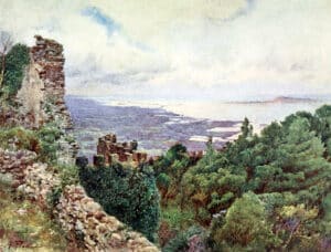 Coastal landscape painting showing a rocky hillside with ancient ruins, surrounded by trees, overlooking the sea.