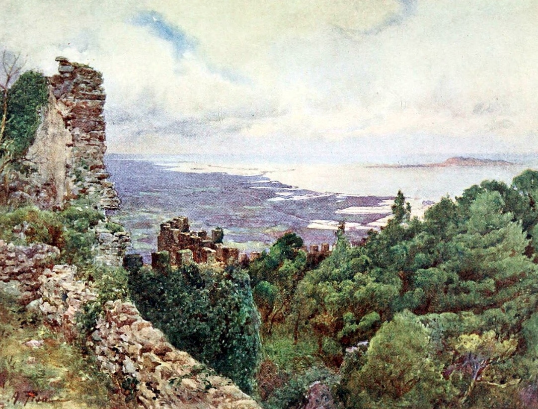 Coastal landscape painting showing a rocky hillside with ancient ruins, surrounded by trees, overlooking the sea.