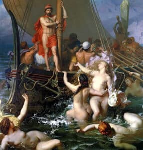 Mythic seascape: a muscular man in a red cloak stands on a ship's prow as nude men and women swim and cling to the vessel around crashing waves.