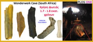 Wonderwerk Cave (South Africa)物 artifacts lined up left with Greek captions about ancient fire use (1.7–1.8 million years); cave interior on the right.