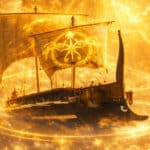 Golden fantasy ship sailing through glowing golden rings in a sunlit, cloudy sky; sails bear a luminous emblem.