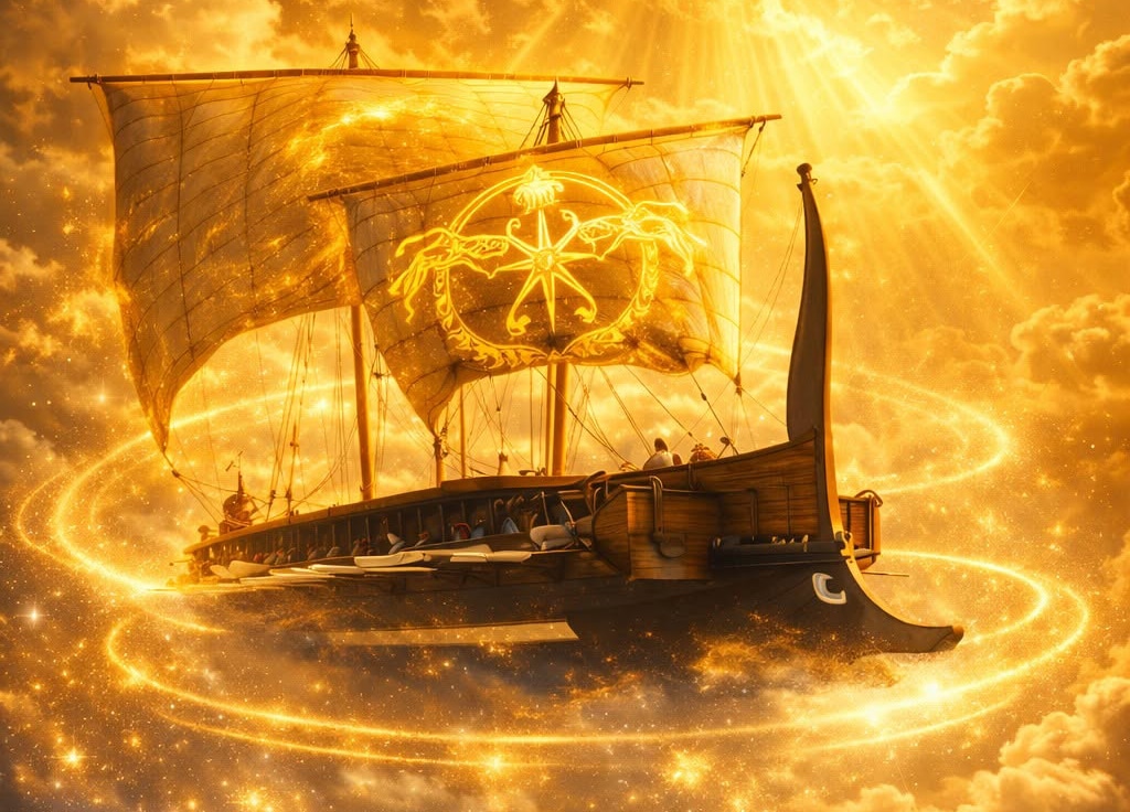 Golden fantasy ship sailing through glowing golden rings in a sunlit, cloudy sky; sails bear a luminous emblem.