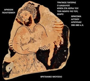Fragment of ancient Greek pottery showing Daedalus with arms raised, wearing a draped garment; surrounded by Greek inscriptions and a 'British Museum' caption. It depicts the mythic Daedalus holding his dead son Icarus.
