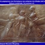 Bronze relief from Olympia showing a hero stabbing a centaur while another figure restrains a second centaur, with decorative scrollwork at the edges.