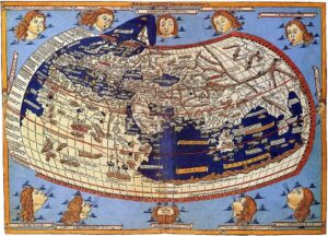 Historic world map in an oval projection, with labeled continents and seas, surrounded by decorative sun heads and banners.