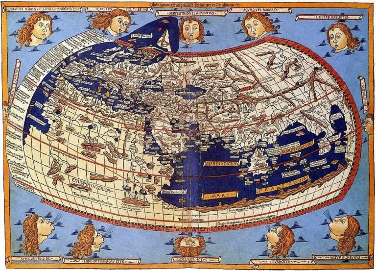 Historic world map in an oval projection, with labeled continents and seas, surrounded by decorative sun heads and banners.