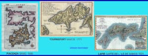 Three historical maps showcasing Samos and surrounding regions, arranged on a bright blue background (1686, 1771, 1824).