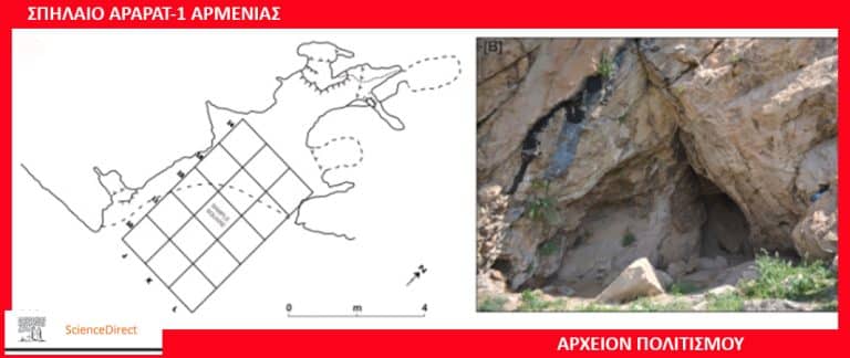 Composite image: left side shows a grid-based site plan of an excavation area with a labeled rectangle, right side shows a rocky hillside with a dark cave entrance and surrounding vegetation.