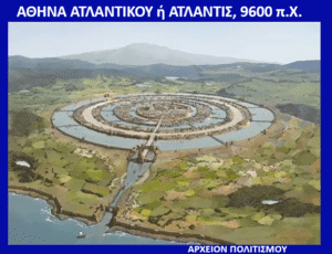 Aerial view of concentric circular water rings connected by a central canal in a rural landscape.