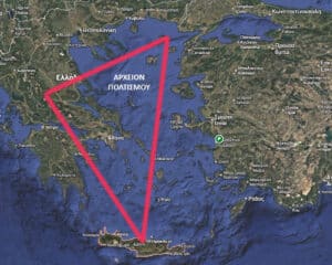 Greece map with a red triangular outline over the Aegean Sea labeled ΑΡΧΕΙΟΝ ΠΟΛΙΤΙΣΜΟΥ