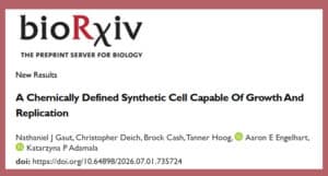 bioRxiv preprint header with the title 'A Chemically Defined Synthetic Cell Capable Of Growth And Replication' and author names listed.