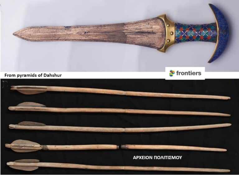 Ornate dagger with carved blade and blue jeweled handle; five wooden arrows below on a black background.