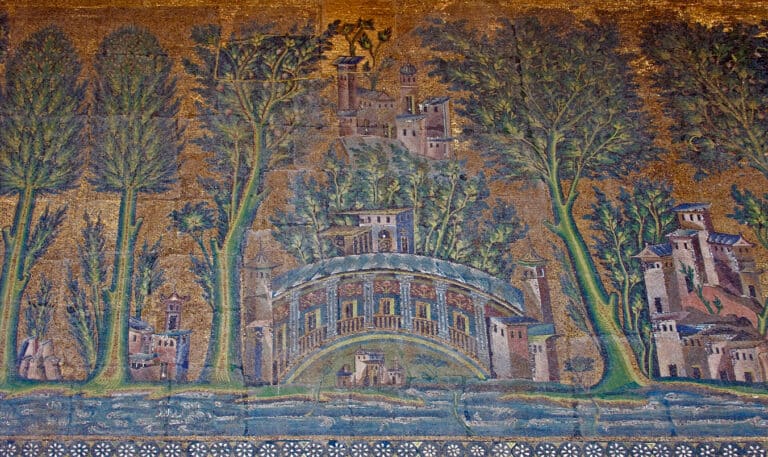 Colorful mosaic of a curved arched bridge over a river, with medieval towers and tall trees on either side under a gold sky.