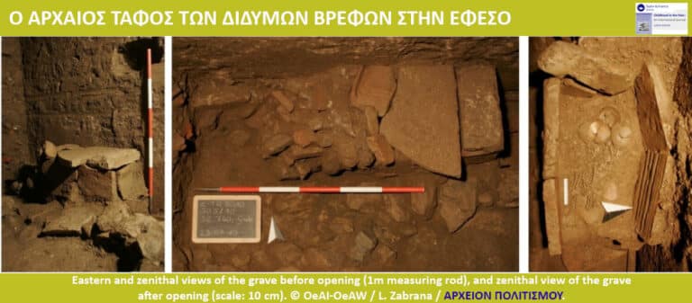 Triptych of an archaeological tomb in Ephesus: left shows a grave with a measuring rod, center shows the grave chamber opened, right shows surrounding artifacts; caption notes views before and after opening and a 10 cm scale.