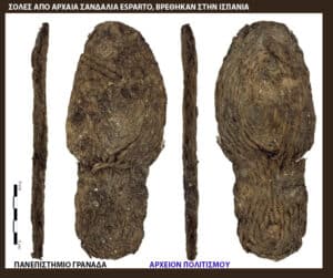 Ancient esparto sandal soles unearthed in Spain, displayed in three views (front, side, back) for archaeological study with a scale bar on the left.