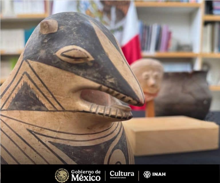 Close-up of a black and beige carved figure with geometric patterns, on display with bookshelves in the background.