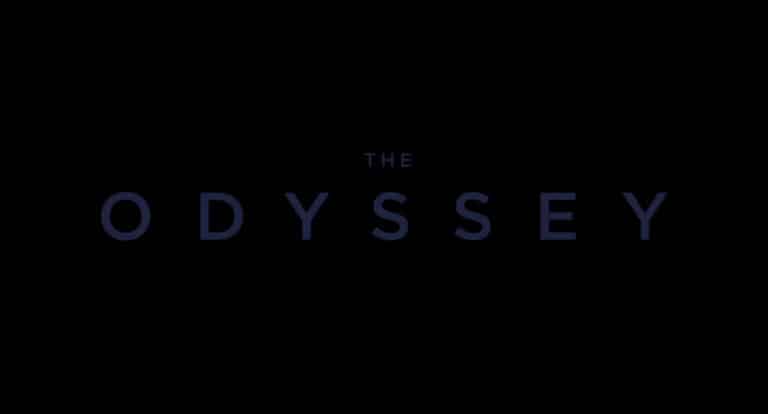 The Odyssey title in blue letters on a black background, centered piece.