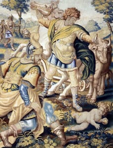 Classical myth scene: a muscular man in tunic and cloak guides cattle while a kneeling armored warrior watches; a naked baby lies near a stream in the foreground.