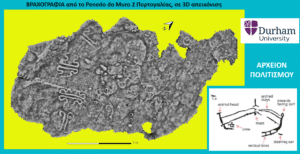 3D rendering of a fossil-rich rock from Penedo do Muro 2, Portugal, with a 1 m scale bar; includes Durham University archives logo and a wing diagram inset.