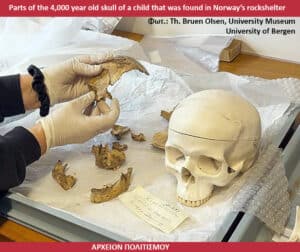 Gloved hands hold bone fragments from a 4,000-year-old skull next to a nearly complete skull on a lab table.