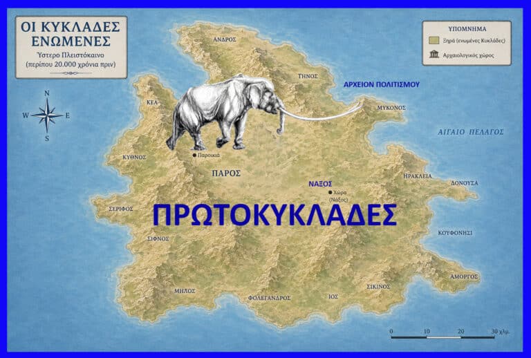 Map of Crete with a large black-and-white mammoth illustration across the center and bold blue Greek text ΠΡΩΤΟΚΥΚΛΑΔΕΣ spanning the lower half.