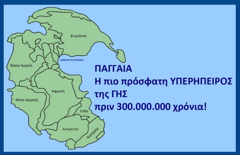 Map of the ancient supercontinent Pangaea with labeled continents (Europe, Africa, India, Australia, South America, North America) and Greek text to the right stating that Pangaea was Earth's most recent supercontinent 300,000,000 years ago.