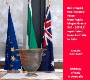 Artifact: bell-shaped two-handed vessel from Magna Graecia (Puglia), 340–325 BC, repatriated from Australia to Italy; flags in the background with a red caption panel describing the repatriation by the Embassy of Italy in Australia.