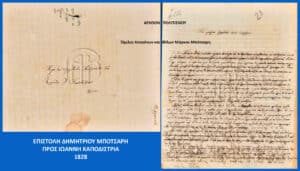 Collage of two historical Greek documents framed by a blue border, with a blue banner and the inscription about a 1828 letter to Ioannis Kapodistrias in Greek.