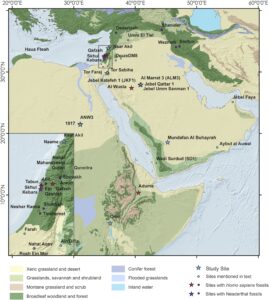 Regional map of the Arabian Peninsula and surrounding areas showing study sites and fossil locations with color-coded habitats and a legend.