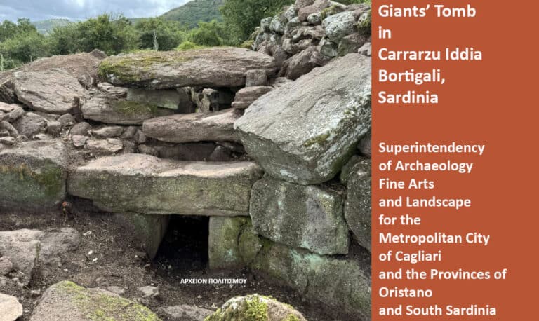 Entrance to Giants' Tomb, a megalithic stone structure with a dark entrance among mossy rocks in Sardinia