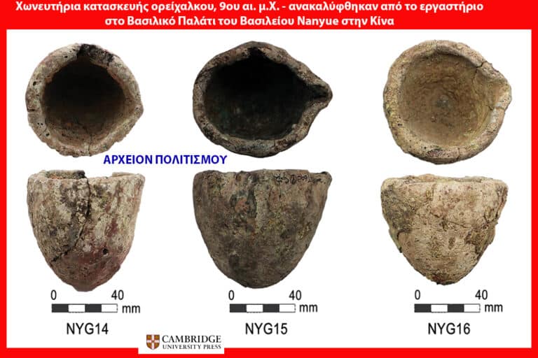 Collage of six ancient ceramic vessels (three top, three bottom) from archaeological specimens, photographed with 0–40 mm scale bars. Blue label reads ΑΡΧΕΙΟΝ ΠΟΛΙΤΙΣΜΟΥ; bottom row labeled NYG14, NYG15, NYG16. Cambridge University Press logo at the bottom. Red border framing the image.